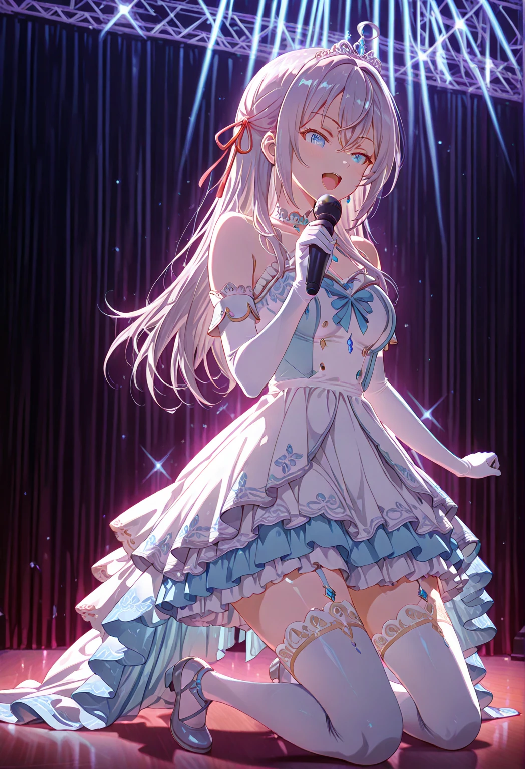 Illustration, cinematic light, high resolution, best quality, ultra detailed, detailed face, (detailed eyes), highest quality, super detailed, masterpiece, (detailed face), pretty face, best smile, sexy mature woman transparent (white and red goth loli costume: 1.5), ultra detailed embroidery, cloth, choker, open cloth, NSFW, high heels, blue eyes, neon small shiny hair ends, D cup, cleavage, AI fantasy concert, shining lighting with neon details, idol, (live stage: 1.15), (singing holding the microphone with left hand: 15), singing with butt sticking out: 5, (to a packed audience in the background), light reflection, heart-shaped iris, playful eyes, open shoulders, (wet body), small glowing butterfly, hair jewelry, panties, cute string white panties with ribbon: 1.5