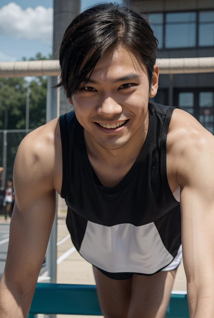 (Masterpiece,best quality:1.2),model, alone, 1 person,20 year old male,young people,handsome,Asian Models,black hair,short hair,smile,Sexy breasts,6 pack abs,sexy figure,Early morning,A boy is running on the stadium tracks.,The wind is blowing,autumn leaves,whole body view,