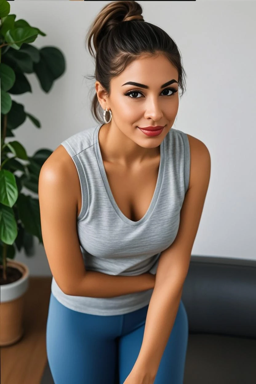 smiling woman sitting at the table with a laptop, 35 years old Brazilian. Woman in good physical shape. A woman with white skin and dark hair. She is about 35 years old. Her slightly plump red lips are like a delicate flower, her dark brown eyes seem to contain a world of wonders. Slim body. Thin waist. Her body exudes glamor and her face is the definition of beauty. Highly realistic, still, slightly full lips, pink lipstick, smile, feeling of lightness and joy, hyper-realism, very elaborate skin, look. Fitness woman. Sharp photo, high quality, high resolution, masterpiece, 8k.