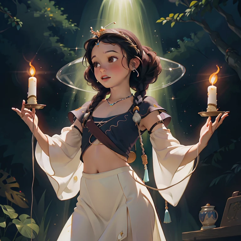 (best quality, masterpiece), 1girl, skirt lift, showing panties, cameltoe, (style-swirlmagic:0.8), portrait, looking up, solo, (full body:0.6), detailed background, (<lora:MahabharataPunkAI:0.6>, MahabharataPunkAI theme:1.1) gentle smile, serene, high fantasy, apprentice, casting light spell, praying, hovering in air, nature, floating leaves, pink robe, magic candle, divine spell, mana, bright realistic lighting, heavenly landscape in background, tiara of light hovering above head,, <lora:add_detail:0.7>