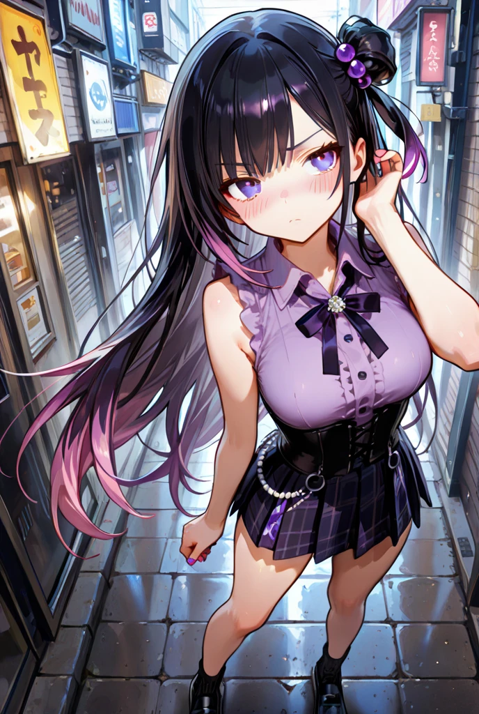 (best aesthetic,best quality,ultra high res,insanely detailed,exquisite,absolutely resolution,explicit),BREAK,(((perfect anatomy,perfect proportion,artstation female body))),BREAK,(detailed beautiful jewely catchlight gradient slant eyes,thick bluish eyeshadow, thin eyebrows, thick black eyeliner, Highlighted eyes with eyeliner, false eyelashes),ligne claire,gleaming skin,super detailed skin,BREAK,nsfw,horny presenting,fall into pleasure,orgasm,looking at viewer,public indecency,full body,In town,BREAK,(beautiful toddler gal,loli),prostitute,BREAK,small baby face,childish and super cute,((((blush)))),BREAK,Bishojo,ultra cute,Kawaii,BREAK,low body size,short stature,slender,BREAK,(((((jirai kei))))),BREAK,(black and purple ((streaked hair))))),(((((two side up long hair))))),BREAK,((shiny glossy metaric beautiful hair,gradient hair)),BREAK,((small breasts)),((puffy nipples,erectile nipples,long nipples,huge areolas)),BREAK,(((((punk fashion))))),(yamikawa gothiclolita punk fashion with black and purple),(off shoulder cut and sew,some purple and black border ((horizontal striped)) detached overly long sleeves with chain,knot front,crop top,cleavage cutout,Plaid pleated ((ultra micro miniskirt)) with harness),BREAK,(some purple and black border thigh high knee ((horizontal striped)) socks:1.3),zettai ryouiki,garter belt,punk high boots,No panties,BREAK,(sweet pussy,show off pussy:1.3),(dripping love juice:1.3)