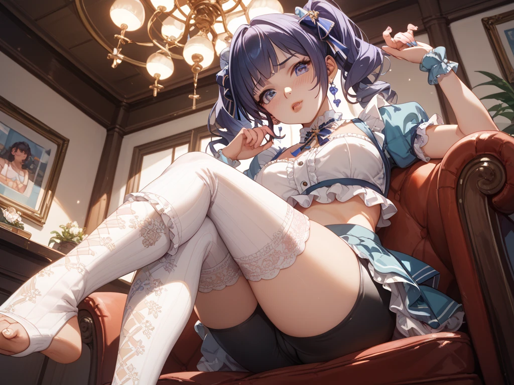 Anime - style image of woman sitting on bench with legs crossed, best anime 4k konachan wallpaper, from the azur lane videogame, hanayamata, Smooth Anime CG Art, beautiful anime girl squatting, the anime girl is crouching, Seductive Anime Girl, Ayaka Genshin Impact, Anime visuals of cute girls、perfect hand、perfect fingers