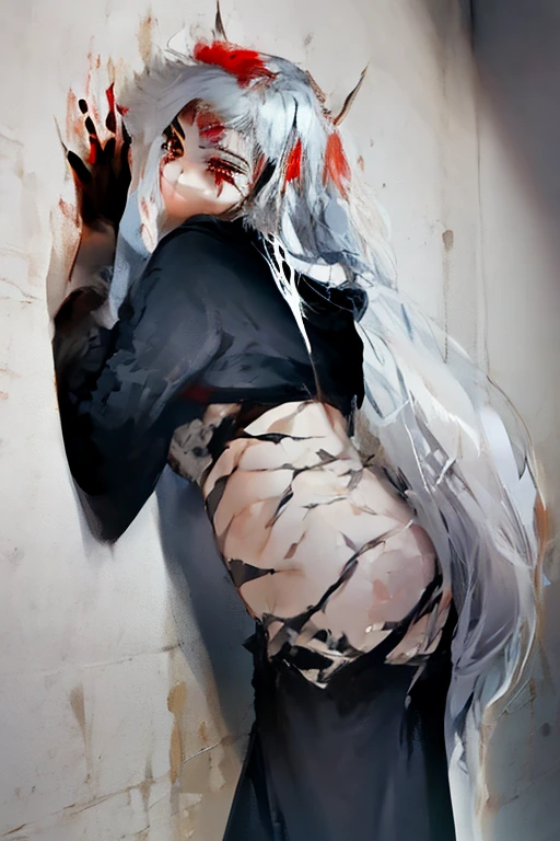 simple background, monochrome, horror (theme) there is a broken picture, black paint splatted, red blood splatted, smoked, red blood  (((anime girl character))),  long white hair, big boobies 