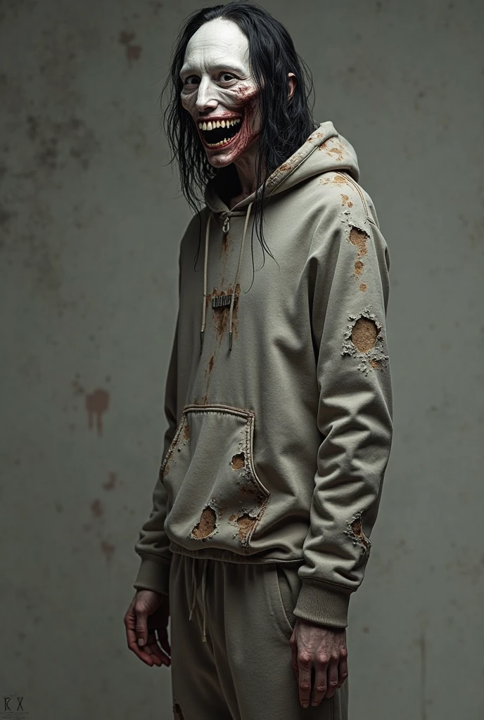 Character design, Momo face mix jeff the killer face, full body view, black, arafed man with short black hair and big eyes , scary picture, very scary photo, scary photo, cursed images, inspired by Junji Ito, jumpscare, creepypasta, junji ito 4 k, cursed image, very scary, scared face, scary look, scary face, creepy pasta, jeff the killer, extremely scary, creepy monster, long arm, long leg, humpback, wearing white hoodie, white pants, white body, white face, no eyes on his face, his face has many veins, very angry,there are many bones coming out of his back, horror film model, his hand holding a knife, holding a death sickle, holding the brain, wearing the hood, barefoot, running pose, injured, very madness, chaos, grinning,stick out tongue, long red tongue, red lips, creepy feeling, horror feeling, crazy, haunting, hunting prey, mysterious, ominous, dark aura ,dark background, and an unreal atmosphere in the background, Masterpiece, best quality, high quality, extremely detailed CG uniform 8k wallpaper, 3D model, award winning photography, bokeh, depth of field, HDR, bloom, Chromatic Aberration, Photorealistic, extremely detailed, trending on artstation, trending on CGsociety, Intricate, High Detail, dramatic, art by midjourney, cinematic, fantasy art
