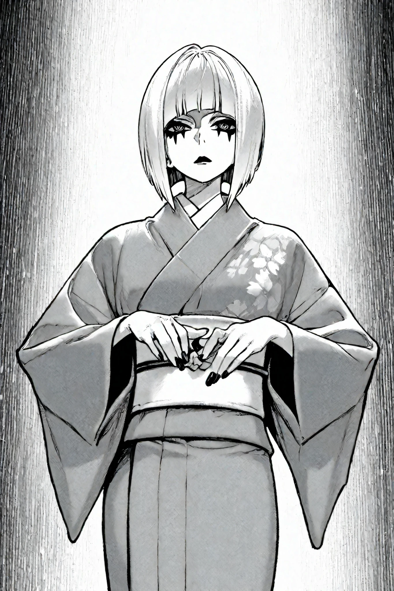 score_9, score_8_up, score_7_up, score_6_up, score_5_up, score_4_up,
BREAK
(masterpiece: 1.0), best quality, perfect anatomy, perfect composition, perfection,
BREAK
cinematic lighting,
BREAK
1girl, cowboy shot, wearing kimono, neutral face, gesture pose, bob cut. makeup, black and white hair, duotone hair, two tone hair, symbol eyes, sniper mark iris shape, black lips, atucag, greyscale, monochrome, manga art