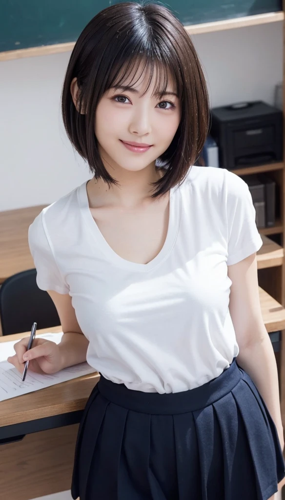 Beautiful Girl, (Pleated Skirt Lifting), ((Show panties)), looking in camera, Angle from below, Shy smile, a blond, ((of the highest quality, 16 K, masutepiece: 1.3)), Light on Face, hyperdetailed face, very detailed lips, Detailed eyes、Colossal tits、、Wearing a suit、Formalco Steume、At work、s Office、working in an office、A dark-haired、short-hair、Short black hair