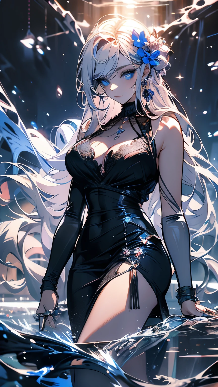 score_9, score_8_up, score_7_up, score_6_up, score_5_up, score_4_up, yu hee, blue eyes, white hair, huge breasts, bare shoulders, butterfly earrings ,red lipstick, stockings , wire laced bra ,laced wire underwear, ponytail