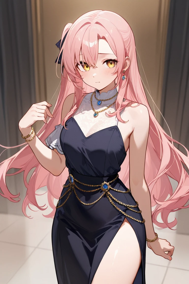 Adorable fair skinned pink haired magenta eyed European young woman pink gold rose gold color theme outfit
