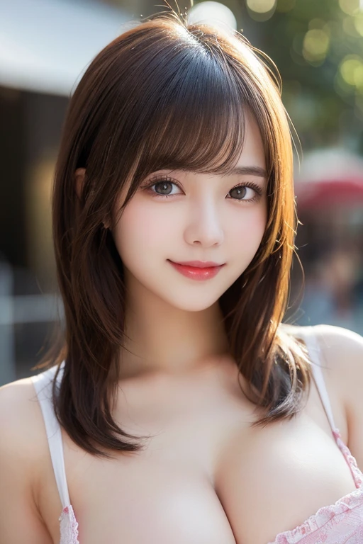 masutepiece, Best Quality, Illustration, Ultra-detailed, finely detail, hight resolution, 8K Wallpaper, Perfect dynamic composition, Beautiful detailed eyes, Women's Fashion Summer,Medium Hair,Small breasts natural color lip, Bold sexy poses,Smile,Harajuku、20 years girl、Cute、Sexy shot looking at camera