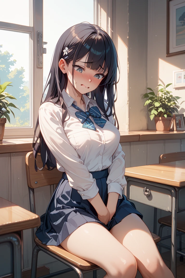 air conditioner、Air conditioning is cool、School、In the classroom、Sitting in a chair、Girl、Girl、Short、Younger、Lower school year、Baby Face、flat chest、Dynamic Angle、masterpiece、best quality、ultra-detail、Summer sunshine、Miniskirt、The desks are lined up、smile、There are several classmates behind me.、Clothing、The wind feels good、comfortable、window
