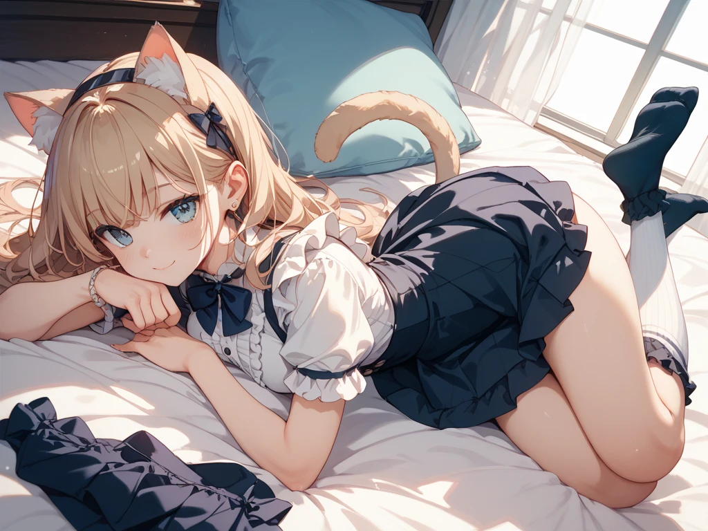 a toy cat laying on its side with a skirt and no top, 1girl, solo, animal ears, thighhighs, tail, breasts, blonde hair, cat ears, , panties, underwear, serafuku, skirt, blue eyes, underboob, cat tail, long hair, ass, all fours((kiddie, JC,littlegirl,kodomo))
