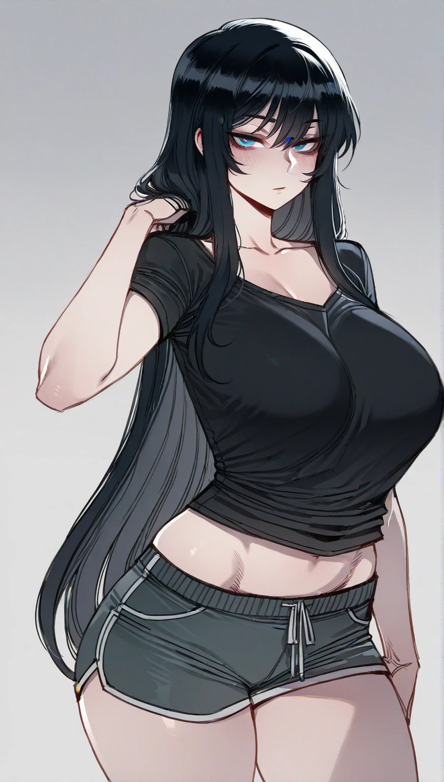 (Uhd, Masterpiece, Textured Skin, Super Detail, High Details, High Quality, Best Quality), Detailed Face, 1woman, mature pretty woman, (Huge Body:1.5), (black hair, long hair), (Short black top shirt, jeans pants), standing