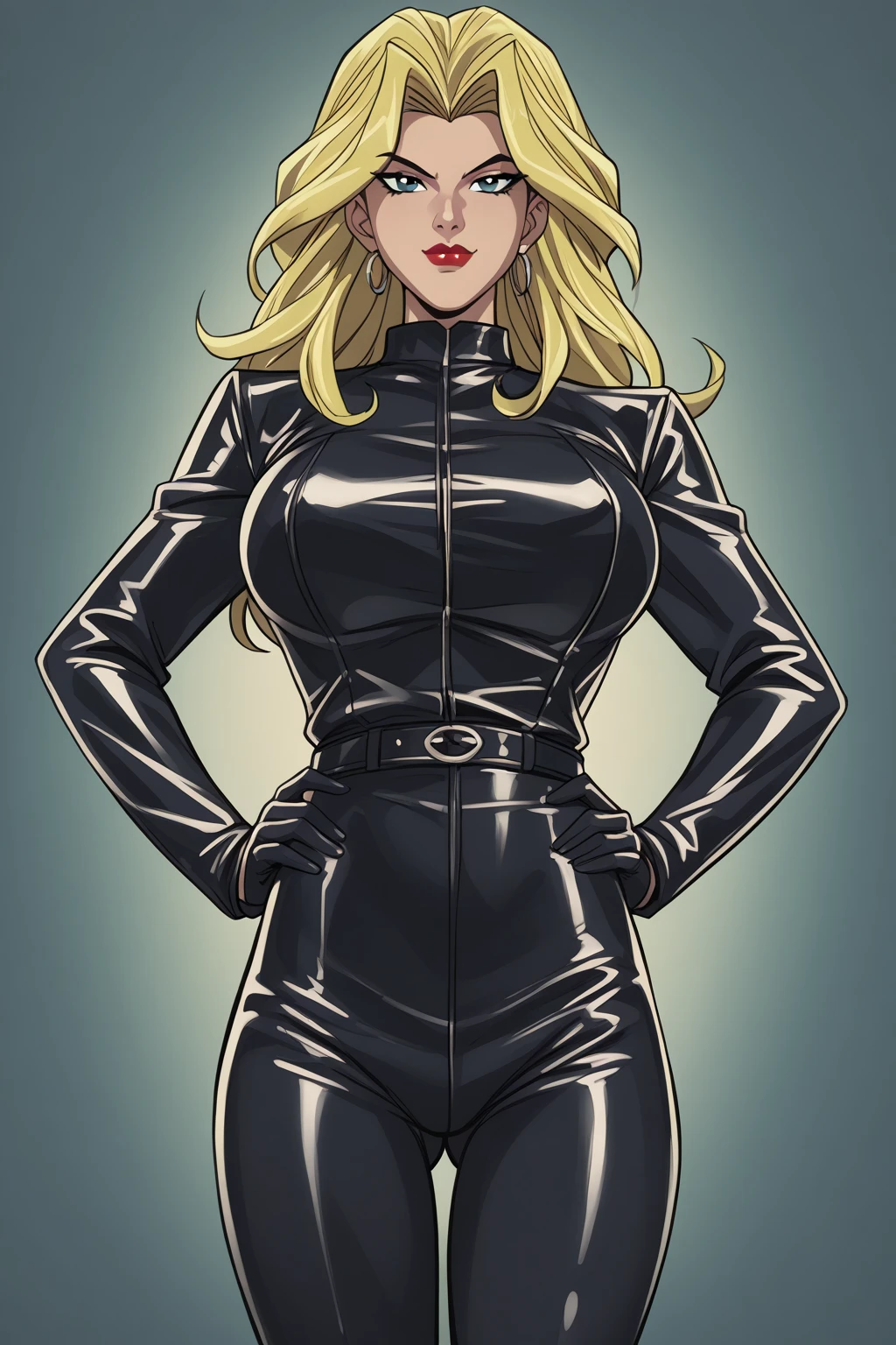 score_9, score_8_up, score_7_up, source_manga, colored, Tite Kubo manga style, Tite Kubo art style, <lora:Tite_Kubo_manga_style_Pony:1>, 1girl, blue eyes,  long hair, blonde hair, black lipstick, big lips, dark makeup, leather black coat, black corset, five fingers, good fingers, black leather pants, belts on waist, choker, earrings,jewellery, rings, stylish, closed mouth, standing, fingers on mouth, portrait, ((background city, at night)), soft light, shadowing, best quality, masterpiece