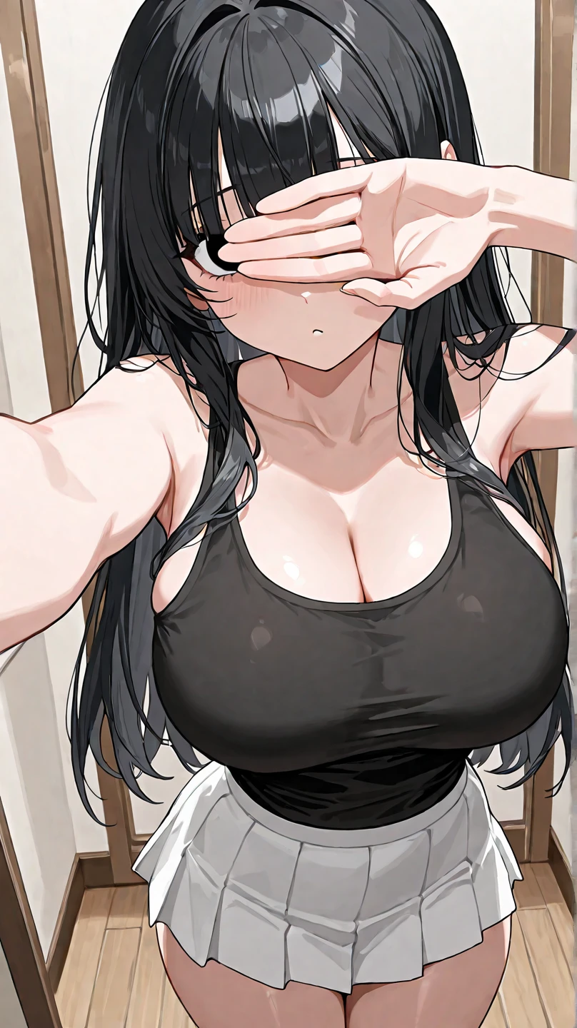 girl, black hair, white clothes, jacket, raised hands, blushing