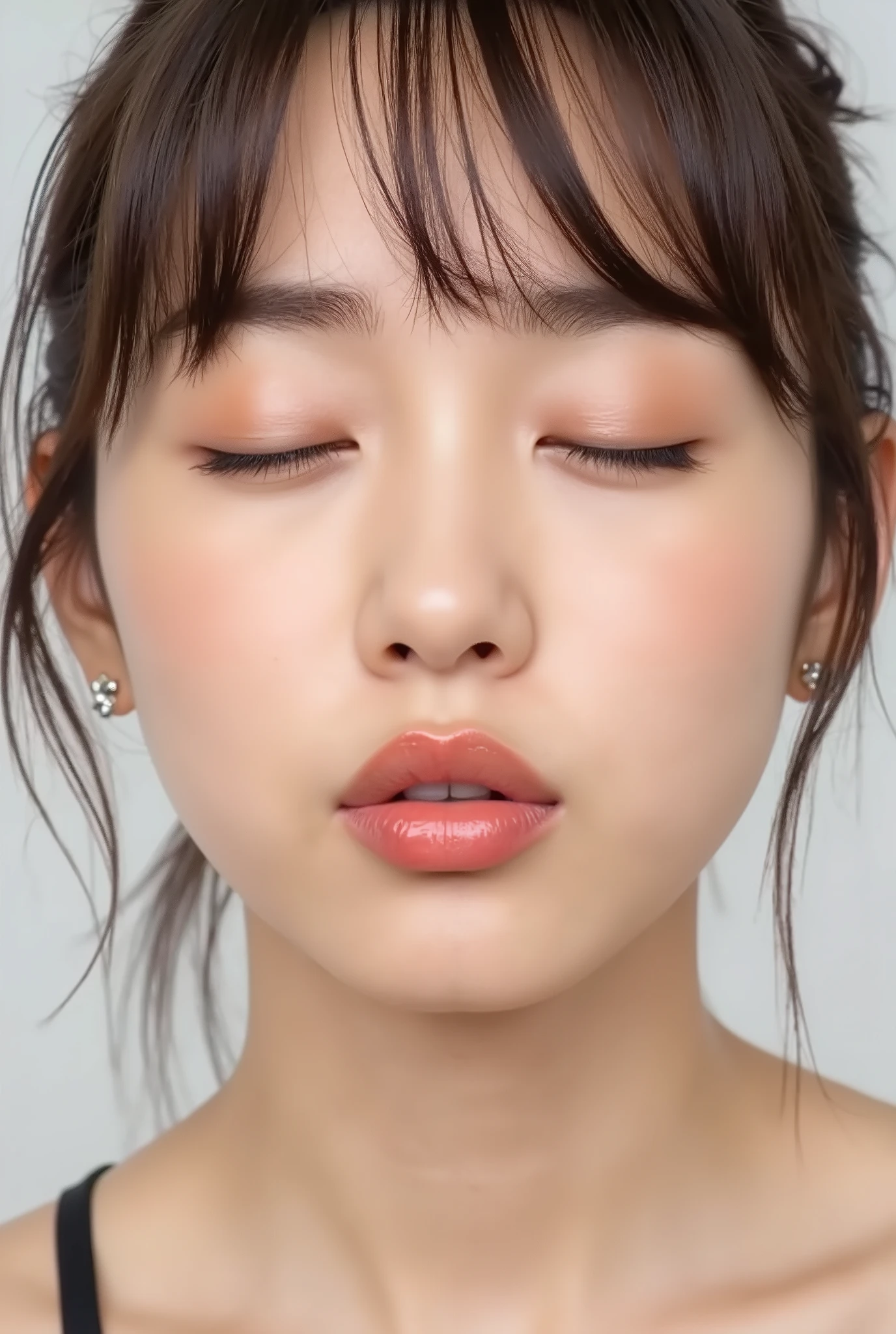ultra-detailed close-up of a beautiful girl, collarbone-up composition, white studio background, soft natural lighting, slightly elevated front camera angle (around 35-60 degrees), full face and head visible in frame, chin gently lifted as if reaching up, head slightly tilted for cuteness, hands behind back and not visible, black camisole strap visible, soft innocent charm, longing and dere-dere expression, blissful and euphoric smile with flushed cheeks and ears, dreamy and adorable aura, eyes gently closed or nearly closed with soft lashes, expression overflowing with affection and dazed joy
extremely puckered lips forming a tight rounded "O" shape, strongly pursed lips protruding forward, circular and centered kiss-mouth, shimmering glossy lips with wet highlights, lips reflecting light with moist texture, hyperfocus on lips with soft depth-of-field blur around face contour to draw attention, slightly parted mouth (optional) to hint at tongue, but lips retain the tight circular shape
realistic natural skin texture with visible peach fuzz and matte softness, no visible makeup, subtle facial pores and skin microdetails, romantic soft glow
intense feeling of affectionate anticipation, cute and bashful yet deeply inviting kiss pose, soft warm atmosphere
