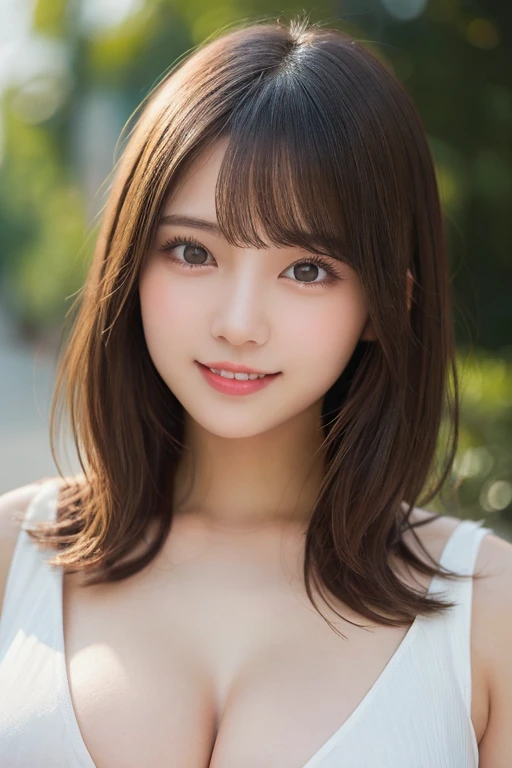 masutepiece, Best Quality, Illustration, Ultra-detailed, finely detail, hight resolution, 8K Wallpaper, Perfect dynamic composition, Beautiful detailed eyes, Women's Fashion Summer,Medium Hair,Small breasts natural color lip, Bold sexy poses,Smile,Harajuku、20 years girl、Cute、Sexy shot looking at camera