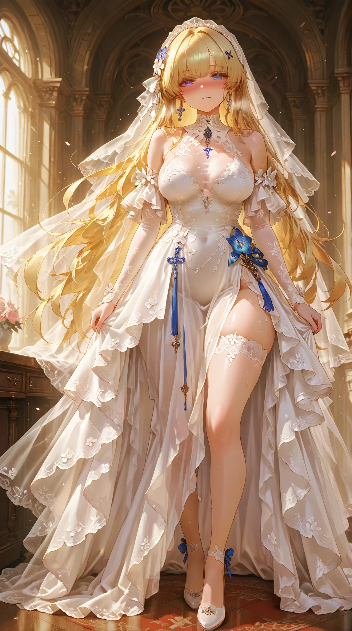 (masterpiece, realistic:1.3), (extremely intricate:1.2), (photorealistic:1.4), (extremely delicate), (ultra realistic:1.3), (a high detail RAW color professional full body photo), hyperrealistic photography, extremely detailed CG unity 8k wallpaper, UHD, HDR, RAW photo, dslr, hyperrealistic 3d render,
A collage of diverse materials and textures, juxtaposing elements to create unexpected connections, In a secluded realm, a tree of ethereal beauty thrives, its blossoms floating in the air like delicate dreams, enchanting all who enter its domain, Draped, Temptress, Average Height, Athletic, Heart-Shaped Face, Fair Skin, Blonde Hair, light blue Eyes, [[Curved Nose]], Thick Lips, Prominent Chin, Long Hair, Coarse Hair, Sleek Waves, perky breasts, Threader earrings, burgundy metallic lipstick, Brilliant luster that shines with remarkable brilliance,
 <lora:sxz-niji-v2:0.4>, nijistyle,  <lora:simplePointedToeHeelswithoutStrap:0.2>, high heels, stockings, thighhighs,
