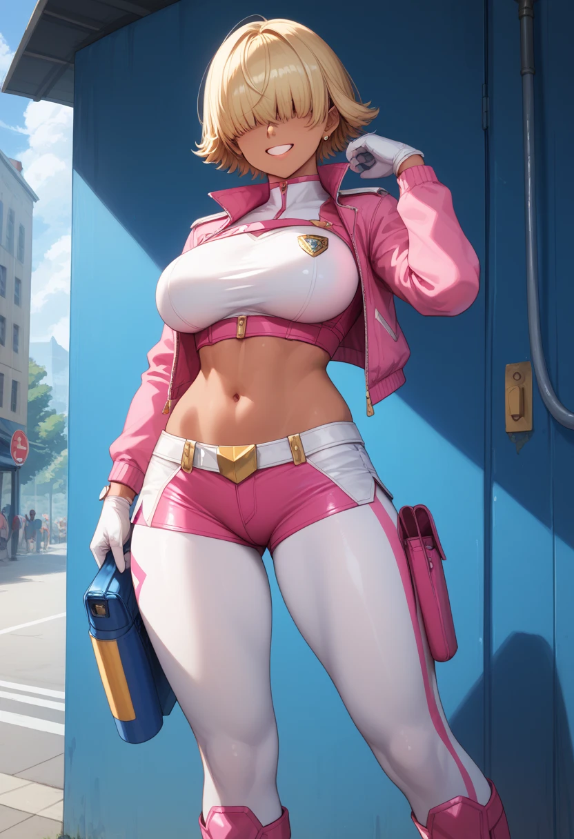 Gwenpool has large breasts and she has a cute face and she has blonde hair with pink on the end of her hair and she has a large ass