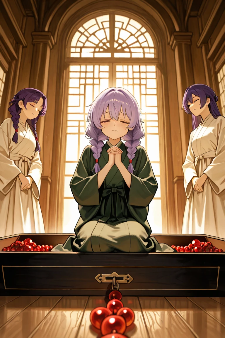 A traditional anime-style scene set in ancient China during a funeral. In the foreground, a sorrowful young nobleman with long, flowing purple hair and a dark plum-colored robe kneels beside an open wooden coffin. Inside the coffin lies a young East Asian girl with fair skin, closed eyes, and twin braids tied with red beads, dressed in green Hanfu-style funeral garments. She appears peacefully asleep, her expression serene and dignified. The young man, visibly weeping, gently holds her cheek with one hand, his face twisted in grief and desperation as tears stream down his face. Behind them, several mourners in simple white mourning robes with gray waist sashes and white veils stand in silent reverence, heads bowed, hands clasped. The background is softly lit with earthy sepia tones, evoking a somber, sacred atmosphere filled with quiet mourning and emotional weight. 亡くなった下女の抜け殻を、棺桶から抱き上げている男性のイラスト 男性は悲しみの涙