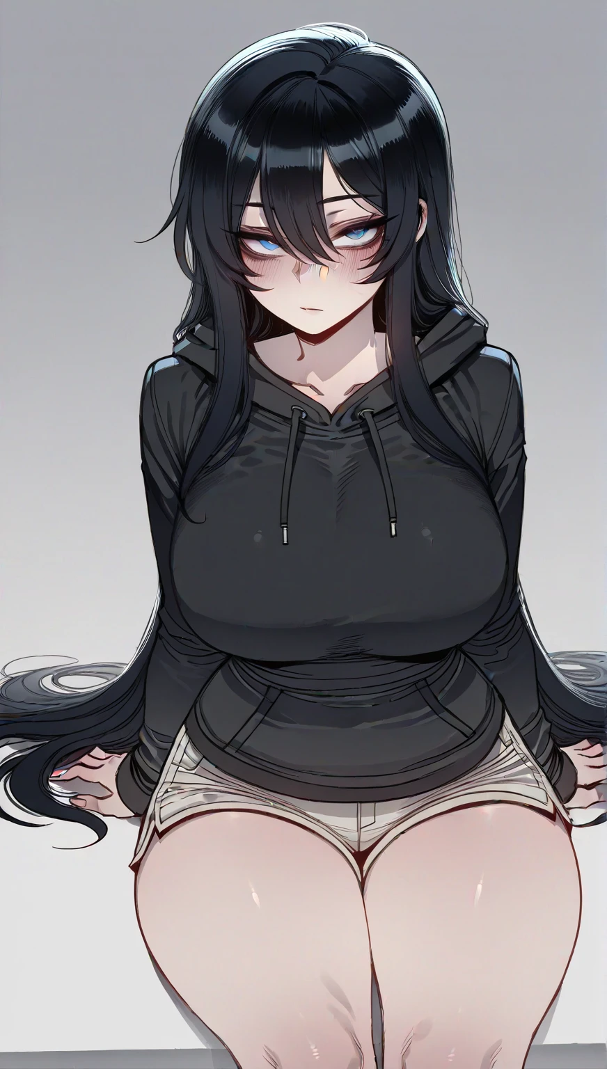a drawing of a girl sitting on the ground with her hands on her knees, with long dark hair, she has black hair, dark-hair, dark - hair, flat anime style shading, dark hair, girl with black hair, blackhair, anime girl with long hair, long dark hair, dark hairs, thick dark hair, her black hair is a long curly,Perfect eyes, detailed eyes,Nice eyes,lewd smile,