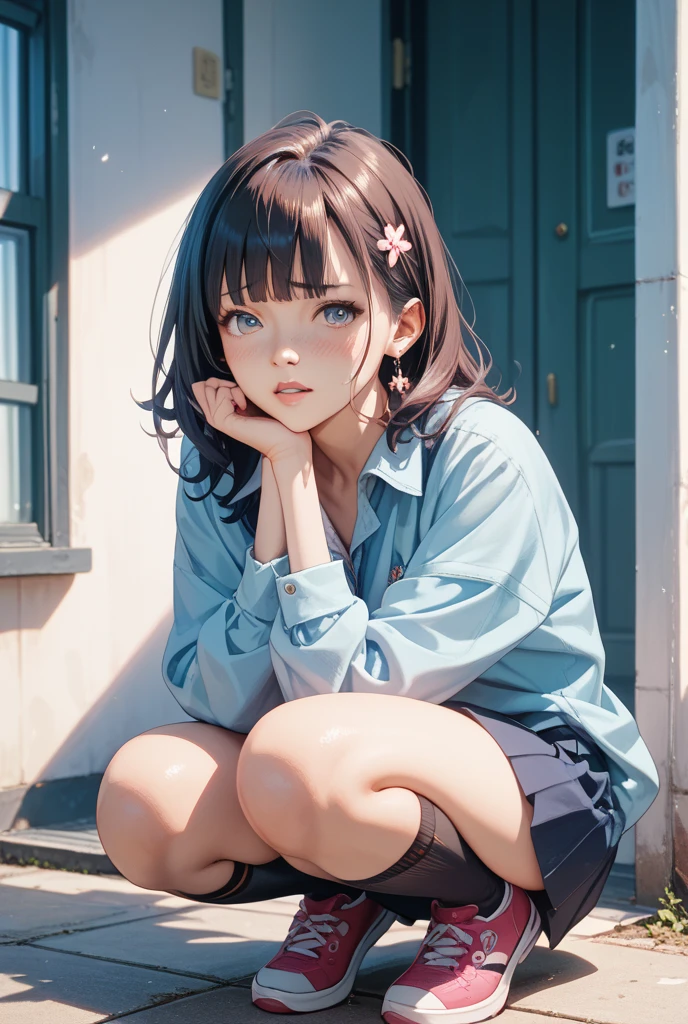very cute and beautiful girl,(highly detailed beautiful face), smile,blush,black hair,serafuku,navy blue pleated mini skirt, from below,squatting,white panties, flower garden,grassland,shrubbery, (best quality,masterpiece:1.2),absurdres,highres,ultra-detailed,extremely detailed,32k,8k resolution, intricate details,cinematic scene,detailed background,solo,dynamic angle,