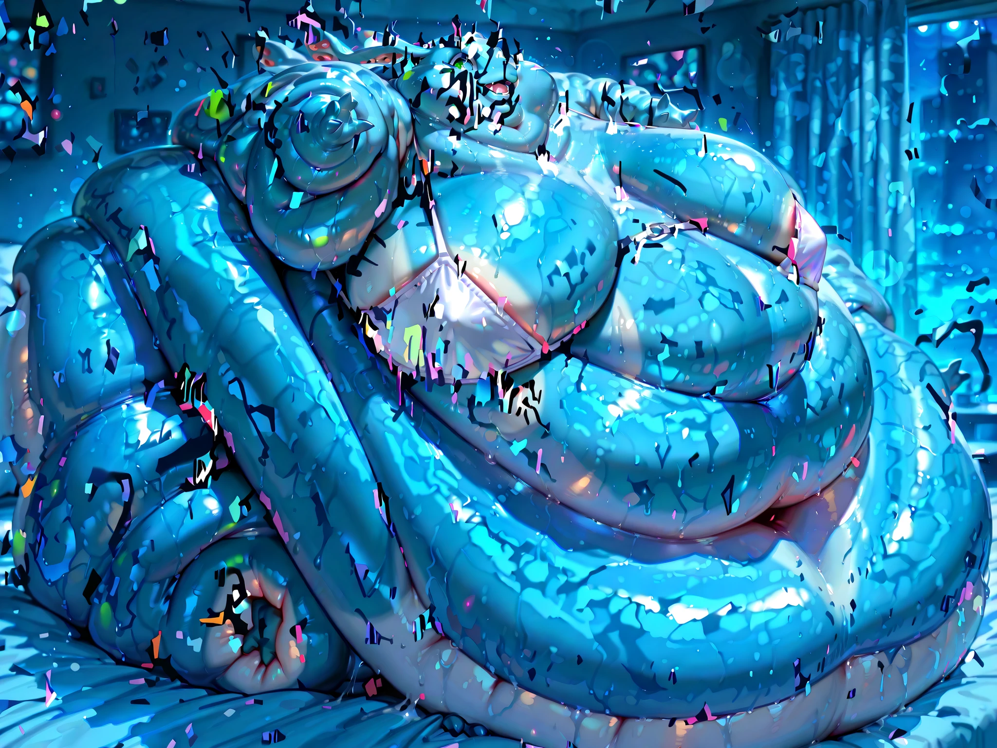 Fizz as a very obese big girl, ((blob)), blue body, tentacle hair, gills on sides of the torso, webbed hands (three fingers per hand), webbed feet (two toes per foot), short finned tail, green eyes, very fat neck, plump cheecks with double chin, solo, delicate black lace white panties, cute white bra, perfect body, solo, in a bedroom, bedridden, very fat limbs, a big fat belly, massive sagging belly with multiple thick fat rolls, a huge fat butt, gigantic buttcheecks, massive butt and thighs towering behind her back, sideview, (Huge Breasts:2.0), hands touching breasts