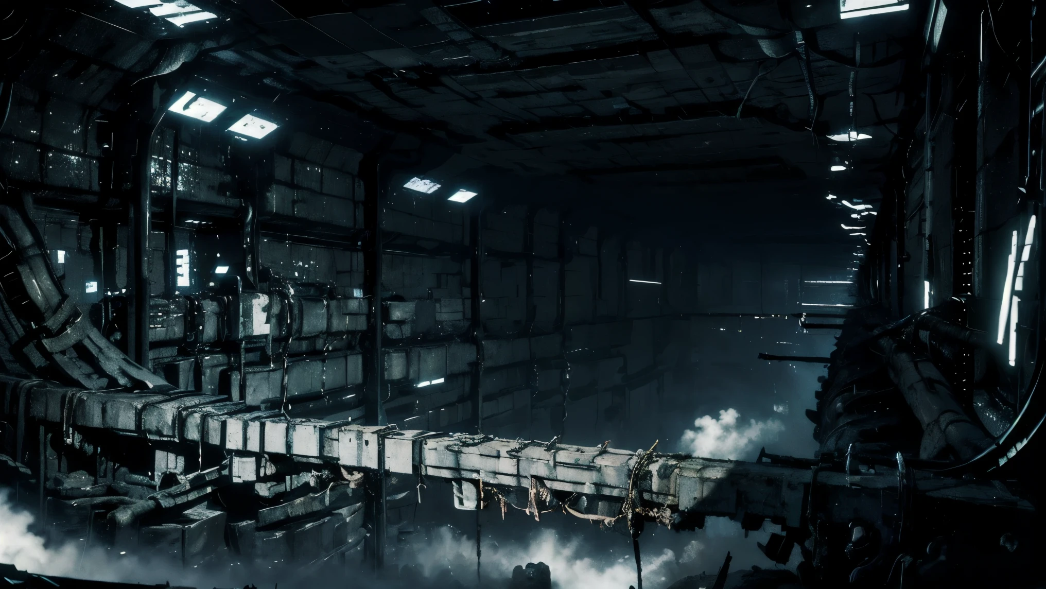 24mm lens,blame, tsutomu nihei, by tsutomu nihei,movie,panoramic, A huge biomechanical body,Mouth stitching、eye mechanization,has three humanoid characters standing on the front platform,standing on the front platform,The middle is a bald man,with thick robotic arms and cables,The overall atmosphere suppresses horror,Heavy ink,The background is an industrial sci-fi wall,Structural corrosion and aging,Some cables emit a faint golden glow,Surrounded by distorted pipelines and metal ground,The left and right are alien-shaped humans with the lower body like a cocoon of bugs {x} The design style is full of biological senses and technology,style, inspired by two bottles《BLAME!》Inspiration,, strangely surreal。Scary sci-fi atmosphere, dim light ,Feeling strong feeling,rich in details,ultra-detailed illustration, monochrome palette with red highlights, cinematic lighting, high contrast shadows, ink-style rendering