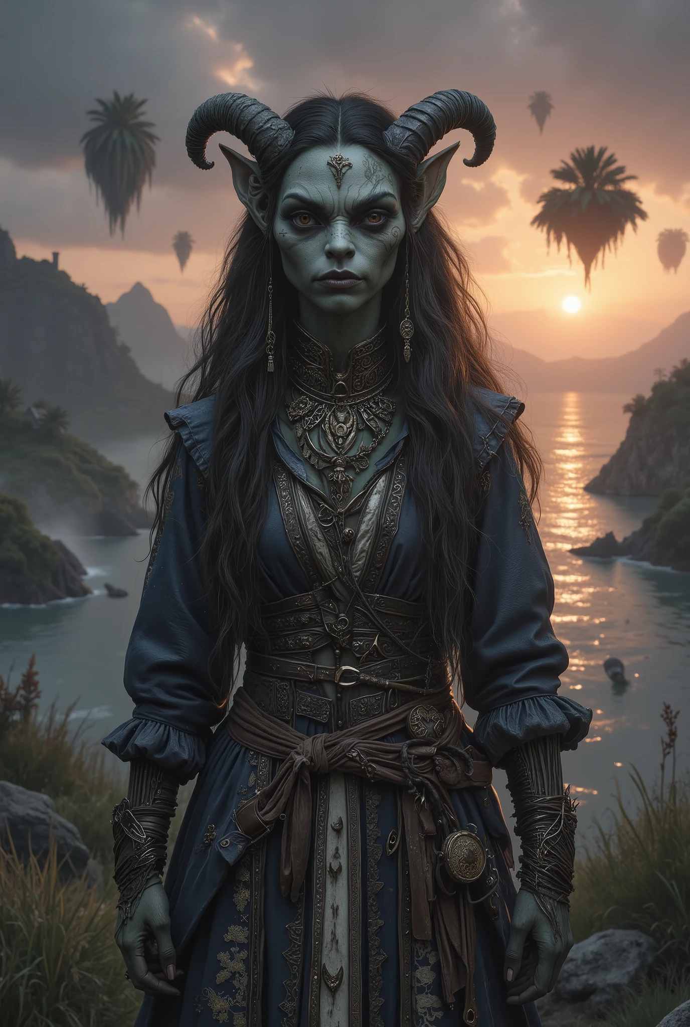 view from height,full-body-shot,obsidian The Alien Entity, half-Moana, sassiness temper,natural leather textures, hyper realisitc, hyper detailed,Extremely detailed,High contrast, ,Realistic,Ultra Detailed,intricate details,realistic humid skin,extremely intricate,Epic Realistic, Romantic, cinematic style,irina yermolova, orc's village of fishers,full body length,ominous landscape,floating islands on background in dangerous atmosphere,sunset, a Tim Burton-inspired dreamscape,Bun Hair,(Folk clothes:1.5),full body length,niobium goblin,native africa ,once pretty face,eyebrow up,full body shot,ominous landscape,niobium gray atmosphere,photo,photorealism,Masterpiece,hyper natural skin textures, hyper realism,hyper detailed,High contrast,Realism,Ultra Detailed,irina yermolova,close full body shot,32K resolution,Nikon Z9, ,demonic fog, smoke, audience, mist, featuring ultra-realistic and hyper-realistic elements, Marta Bevacqua, Ellen Jewett, Kawacy, Katsuya Terada, Carne Griffiths,concert lighting, bokeh, luminal space that feels both bright and surreal. Includes liquid fluid elements for added depth and movement. Rendered in an unreal engine and post-processed to achieve . Evokes a sense of dreamy, ethereal and mystical mood,horror pixar movie still,thriller disney movie ,pixar render, animated ,suicide,psychiatric clinic, insane fantasy,storm,cloud storm
