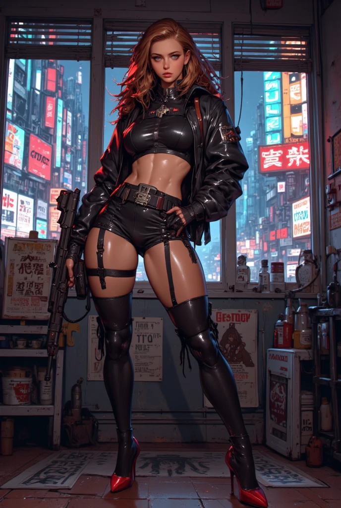 1girll, future warrior，cabelos preto e longos，flowy，crisp breasts，Toned Thighs，Tattooed with，Chest bumps，Black combat gear is worn on his head，Black tight-fitting one-piece leather jacket throughout，Black boots，There are round metal rings at the wrists and ankles，epcot，Cyberpunk Building，Detailed background，Clothing details，perfectly proportioned, Cinematic lighting, filmgrain, Fuji colors, lightand shade contrast, 8K, 巨作, Textured skin, Super detail, high detal, high qulity, A high resolution,