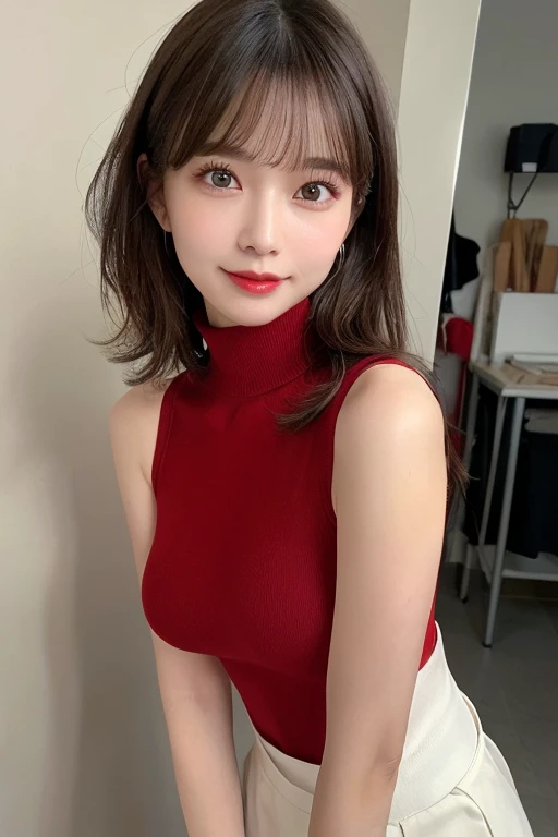 (8K, 超A high resolution, Best Quality, masutepiece:1.2)、RAW portrait of japanese girl、 high resolution、top-quality、 (huge-breasted,:1.4)、｛Hide all your breasts｝｛(Off-white long tight skirt):1.6｝、(Wearing a red sleeveless turtleneck:1.5)、(Open the inseam wide:1.5)、(fitting room:1.2) BREAK (Natural Skin Texture、Detailed skin、Hyper-Realism、ultra sharpness)、intricate detailes、depth of fields、Sexy adult woman、Black hair shortcuts、Toned buttocks、((​masterpiece、top-quality、high-detail))、(Photorealsitic:1.4)、solo、closes mouth、Smile happily、big eye、Distinct double eyelids、Lashes、long neck、Absolute area、Clean collarbone、face perfect、thin lips、a small face、(gazing at viewer、Highlights in the eyes、Light brown eyes、Lip Gloss)、