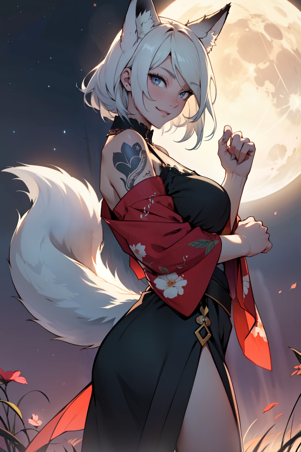 score_9, best quality, masterpiece, uncensored, source_anime
BREAK
1girl, solo, breasts, looking at viewer, blush, smile, short hair, dress, animal ears, closed mouth, tail, yellow eyes, ass, white hair, outdoors, sky, sleeveless, looking back, medium hair, from behind, tree, orange eyes, fox ears, night, fox tail, back, facial mark, chinese clothes, moon, red dress, fox girl, nature, night sky, china dress, full moon, forest, backless outfit, tail through clothes, hands on own ass, black pantyhose
"<lora:merratatustle_pony_v6:1>"