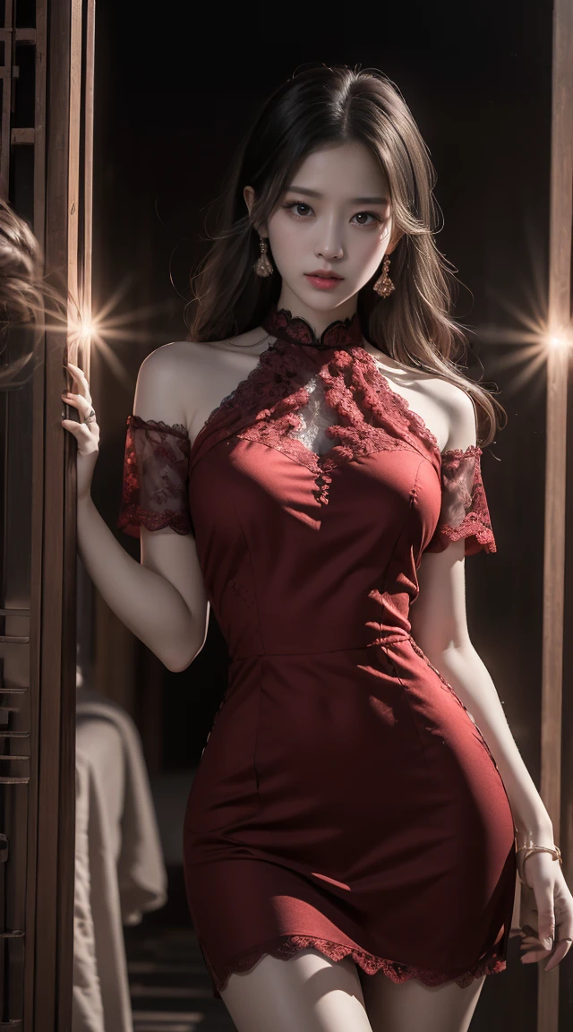 (masterpiece), (best quality:1.4), (intricate details:0.2), (1girl, caucasian), solo, outdoors, at night, water, medium breasts, slim body, tall body, (((short summer plain red dress with straps, intricate details))), ((long wavy blonde hair)), scenery, beach, standing, ((along the beach promenade)), (looking at viewer:1), moon, sky, smiling