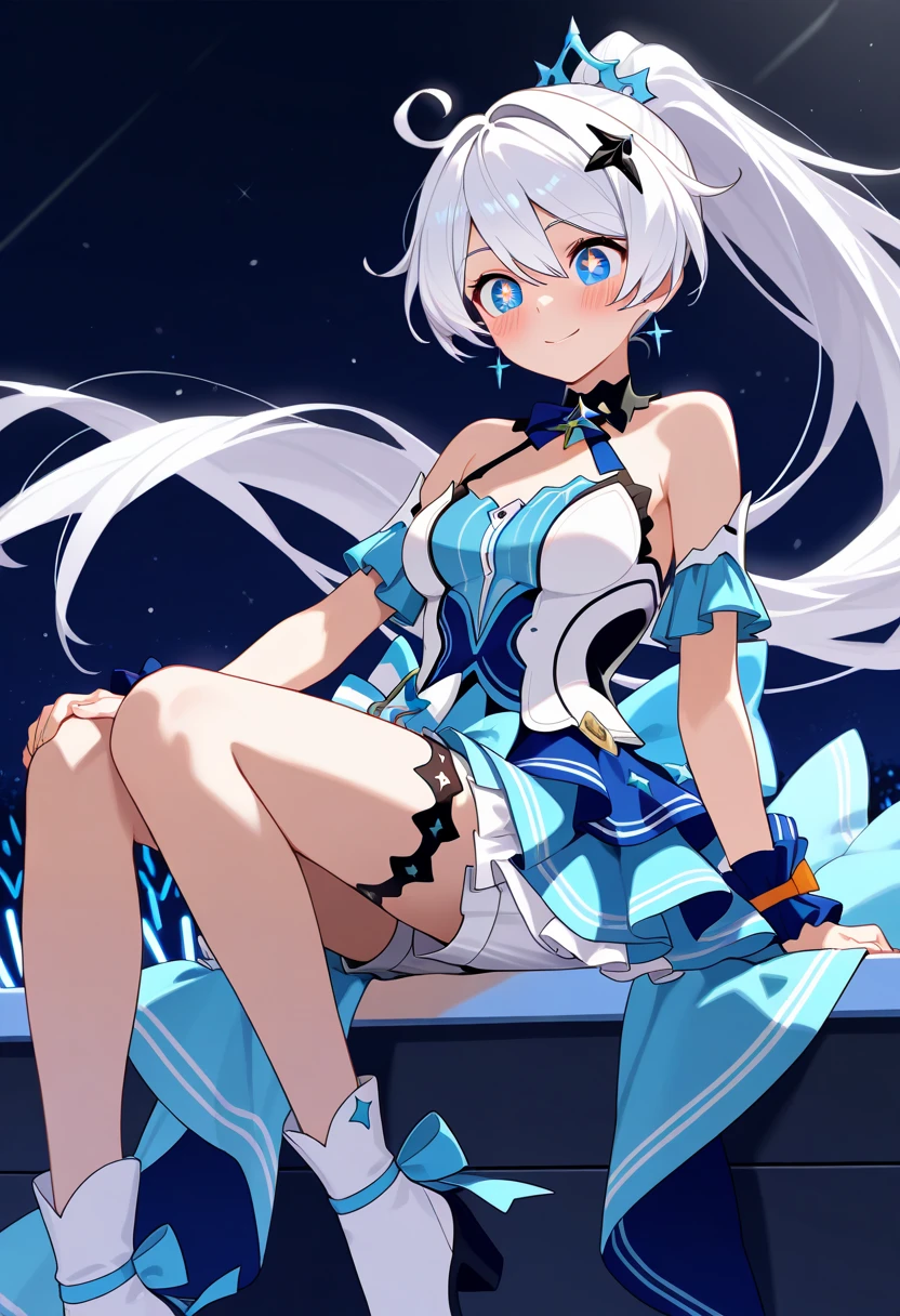 1 girl, cute, young, white hair, twintail, blue eyes, leotard, thigh high,