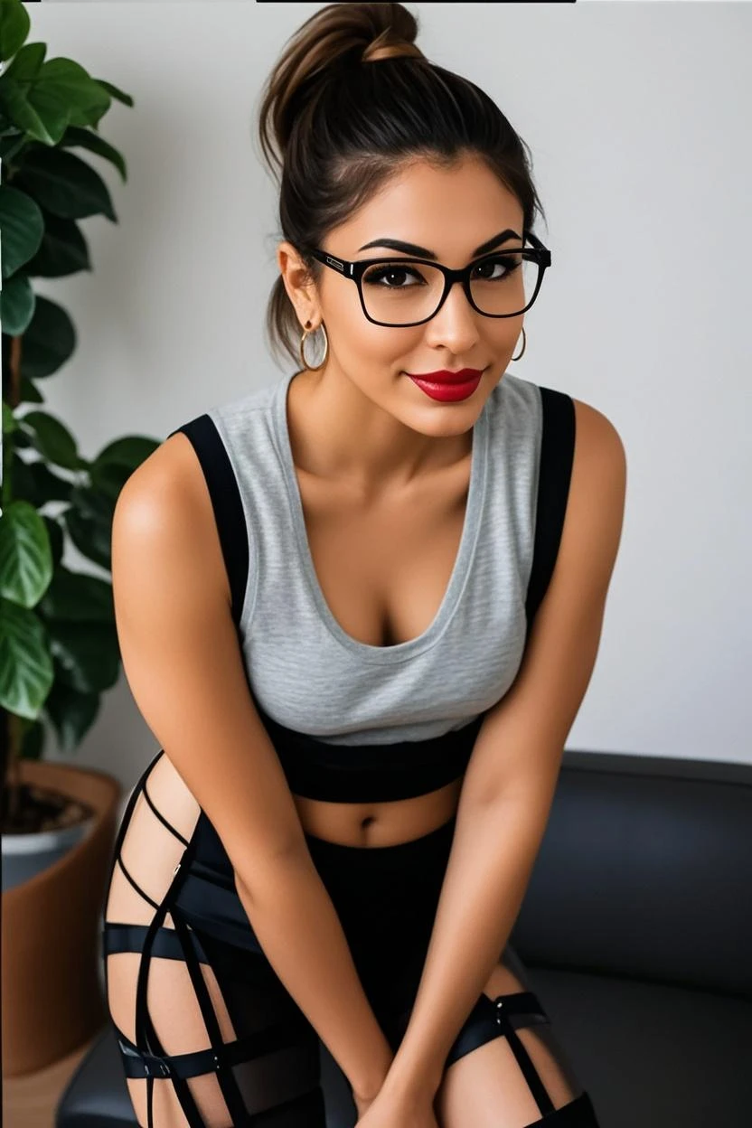 Spectacles"Naked Bra" ((Hairstyle is shaved head, skinhead)), (Malaysia female), age 45 years old, 8K, photottorialism, mini skirt