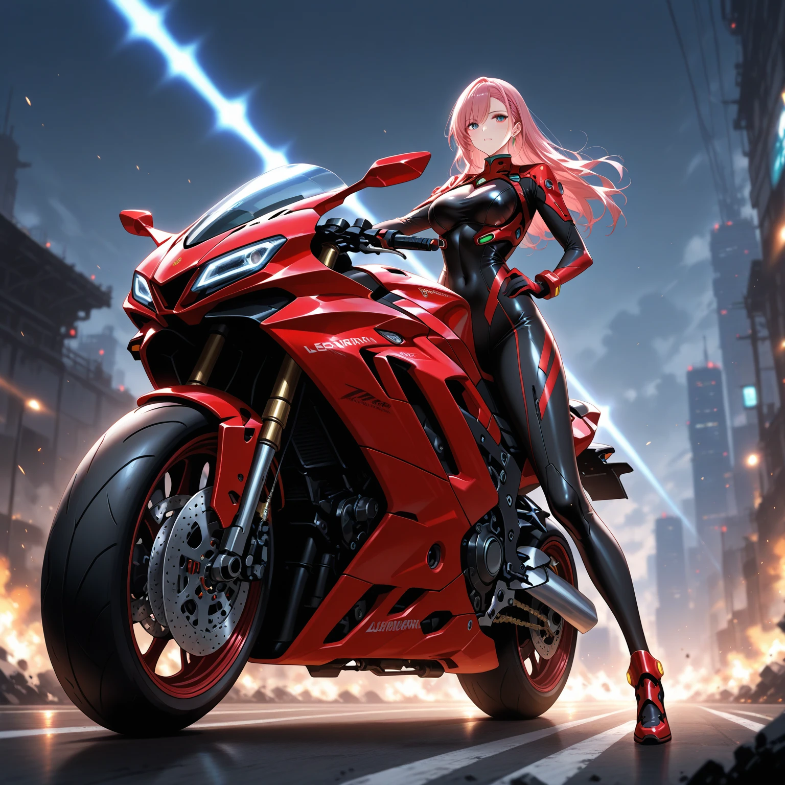 1 person,woman,((Medium Long Hair)),((The tips of the hair spread)),((Red Hair)),((Crimson Flame)), ((Crimson Flameの渦)),wallpaper, Wind景,Depth of written boundary, night, Particles of light, light, Side light, Thighs,****, cloud,Gaze, ((Large Breasts)), ((Green Eyes)), ((Horse ears,)),((Bright smile)),((Open your mouth)),Wind,((Ride a big crimson motorcycle)),((CBR1000RR-R)),((1 motorcycle)),((vehicle)),((Driving)),((Straddle)),((Crimson Riders Jacket)),((Black rider pants)),((真night中のハイウェイ))