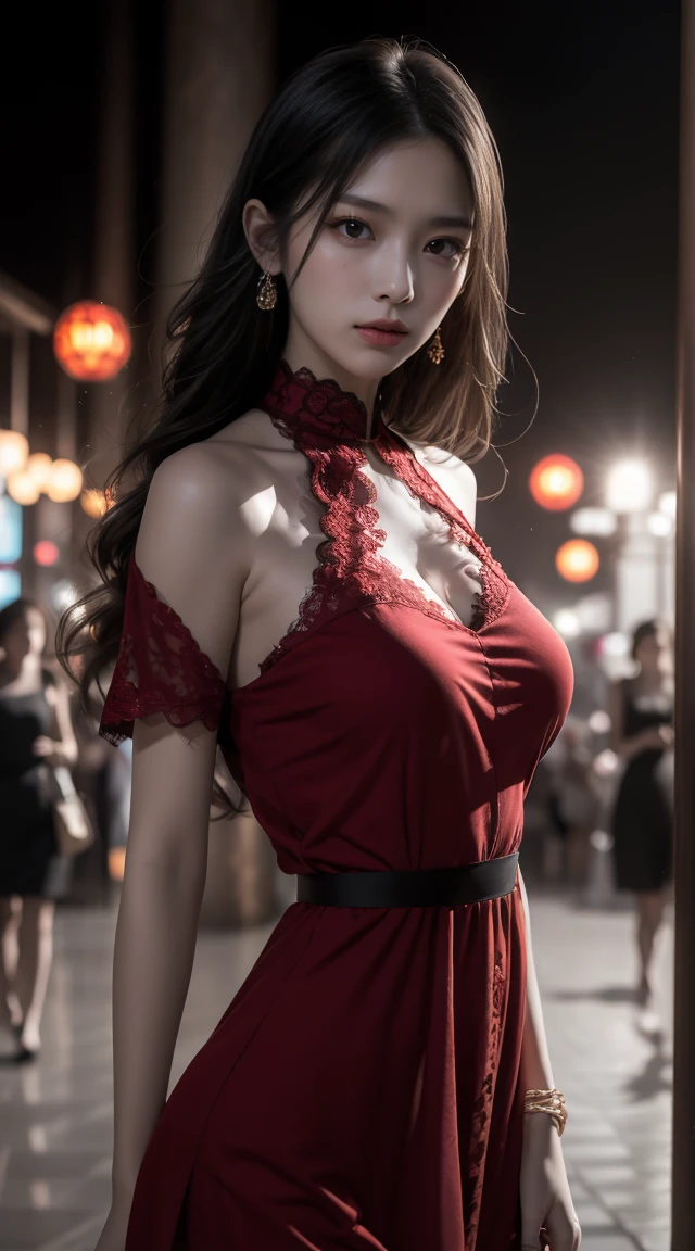 1girl long sleeves, RED dress, off shoulder, bare shoulders, long dress, (see-through), tulle dress,
, huge breasts, lactation, starry background, elegance, magical atmosphere, (soft lighting:1.5), serene, graceful, beautiful detailed eyes, beautiful detailed lips, extremely detailed face, long eyelashes, standing pose, focus on thighs and above, (best quality, 4k, 8k, highres, masterpiece:1.2), ultra-detailed, (realistic, photorealistic, photo-realistic:1.37), vibrant colors, Nanami