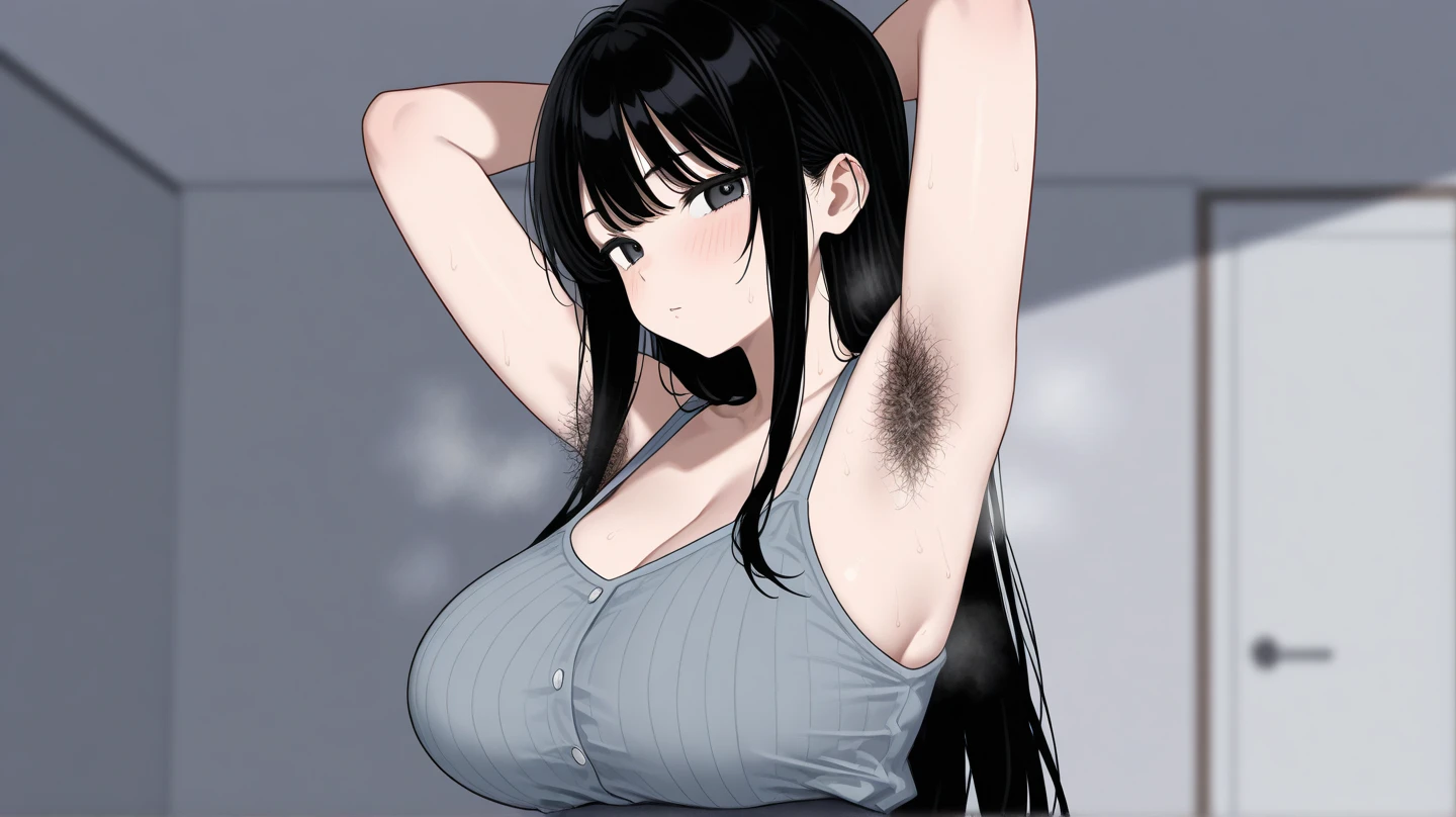 Beautifull woman in wooden bathroom, stand under shower, wet clothe, hands behind head, (armpit hair:1.3), <lora:femaleArmpitHair_armpitHairv1:0.45>