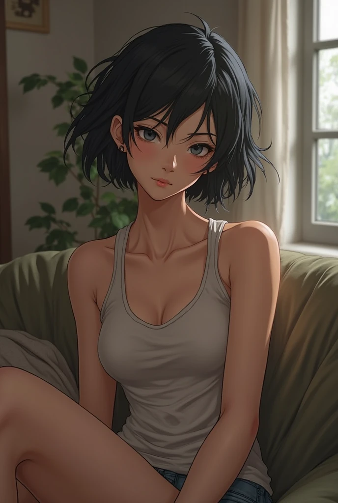 1girl, solo, breasts, short hair,, lips, looking at viewer, black hair, collarbone,left eyepatch, green right eyes, cowboy shot, white camisole, dolphin shorts,legs open, dynamic pose, white skin, arms behind back,living room background, 3:4, embarrassed, sitting in a sofa, sweaty face, sitting, perfect anatomy, perfect face
