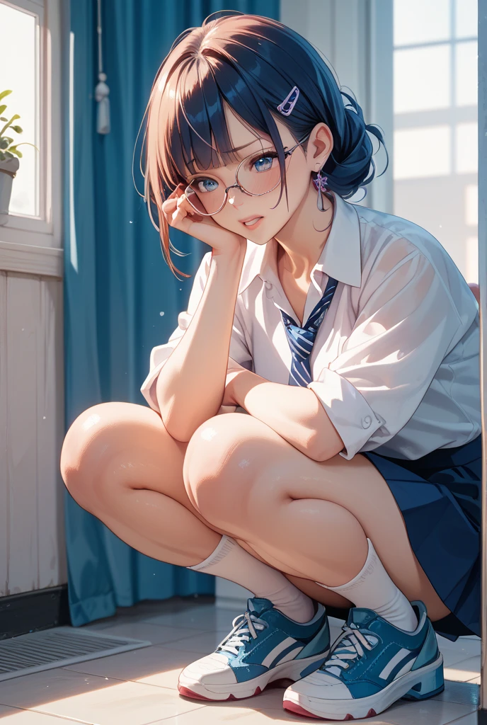 (8k, RAW Photos, 1 girl, Purple panties, Bobcut, suit, light blue skirt, High heels, Ultra-high resolution, Highest quality, masterpiece: 1.2), (Realistic photos), (very detailed cg Unity 8k wallpaper), wonderful, beautiful, wonderful, Ridiculous, Lace panties, bow, Sitting, Panty shot, Spread your legs, skirt, 21 years old, Glasses, small, Flat Chest,beautiful face,whole body,Dark look,Bright black eyes,anger, thin,hard,Slender body,Black medium oblique head,Realistic,Cute Face,Bobcut,Brown eyes,small eyes,office,whole body,Nogizaka Idol,actress, Japanese Idols