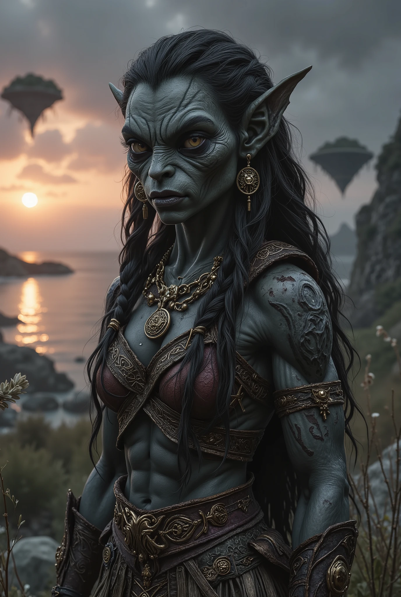 view from height,full-body-shot,obsidian The Alien Entity, half-Moana, sassiness temper,natural leather textures, hyper realisitc, hyper detailed,Extremely detailed,High contrast, ,Realistic,Ultra Detailed,intricate details,realistic humid skin,extremely intricate,Epic Realistic, Romantic, cinematic style,irina yermolova, orc's village of fishers,full body length,ominous landscape,floating islands on background in dangerous atmosphere,sunset, a Tim Burton-inspired dreamscape,Bun Hair,(Folk clothes:1.5),full body length,niobium goblin,native africa ,once pretty face,eyebrow up,full body shot,ominous landscape,niobium gray atmosphere,photo,photorealism,Masterpiece,hyper natural skin textures, hyper realism,hyper detailed,High contrast,Realism,Ultra Detailed,irina yermolova,close full body shot,32K resolution,Nikon Z9, ,demonic fog, smoke, audience, mist, featuring ultra-realistic and hyper-realistic elements, Marta Bevacqua, Ellen Jewett, Kawacy, Katsuya Terada, Carne Griffiths,concert lighting, bokeh, luminal space that feels both bright and surreal. Includes liquid fluid elements for added depth and movement. Rendered in an unreal engine and post-processed to achieve . Evokes a sense of dreamy, ethereal and mystical mood,horror pixar movie still,thriller disney movie ,pixar render, animated ,suicide,psychiatric clinic, insane fantasy,storm,cloud storm