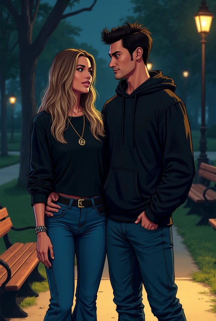 Man with black hair and blue polo shirt is completely drunk and looks stupidly into the picture Girl with long blonde hair tries to pull him back both are outside in a dark park in the city
