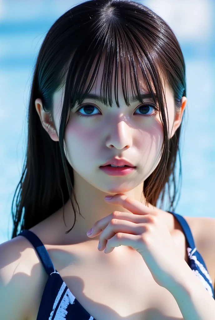 (Highest quality、4K、8K, masterpiece:1.3), Ultra detailed face, Detailed lips, Detailed eyes, double eyelid,
BREAK,
(Looking down:1.5), (close up:1.25), (Seductive pose:1.5),
BREAK,
1girl, 18 years old, smile,
BREAK,
bbkurumi, long hair, low twintails, hair over one eye,
BREAK,
white Japanese one-piece swimsuit, in the pool,