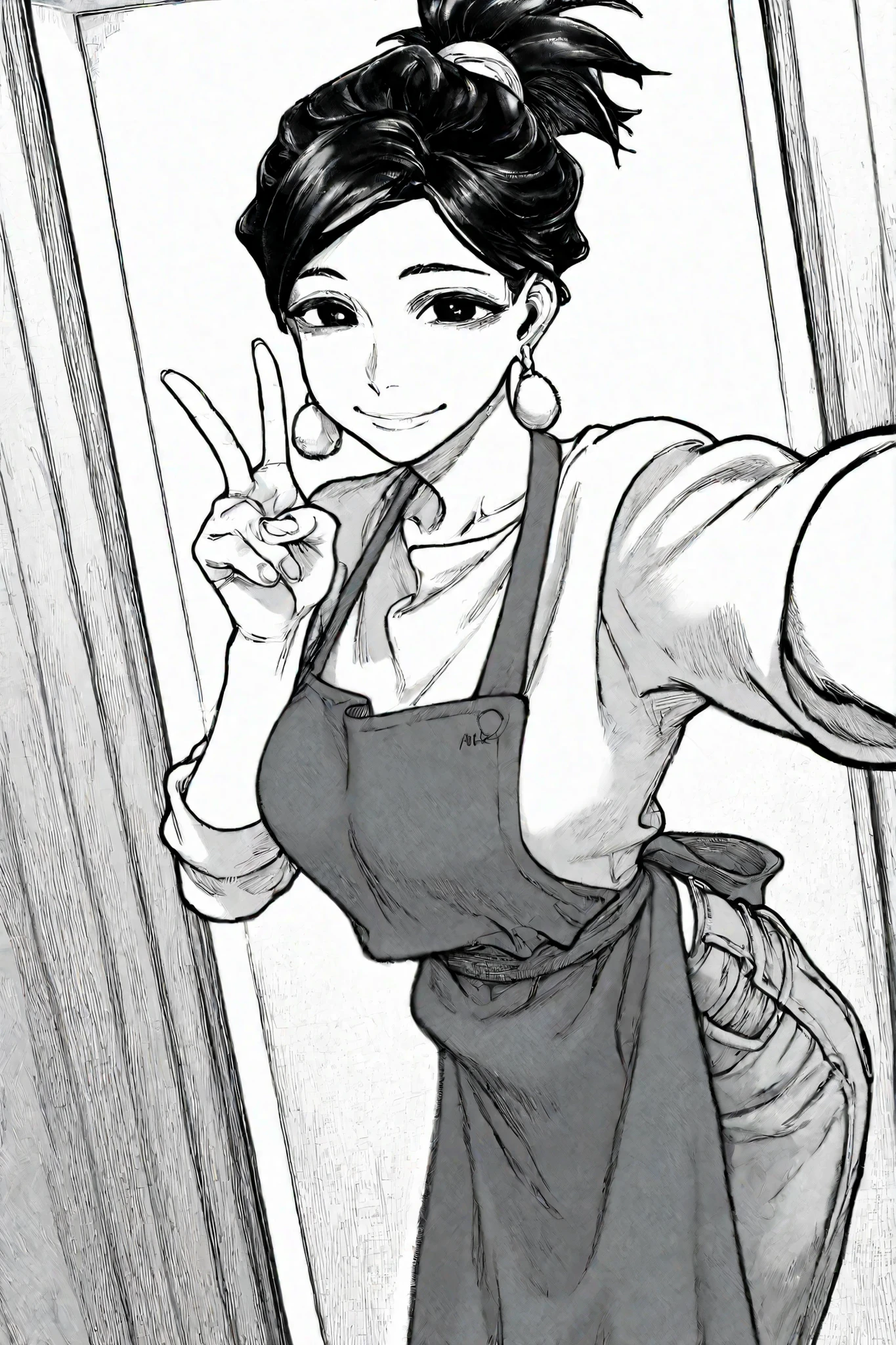 1girl, solo, v, smile, looking at viewer, selfie,
black hair, black eyes, short hair, ponytail, earrings, apron, white shirt, pants, milf
masterpiece, best quality, atucag, monochrome, greyscale,