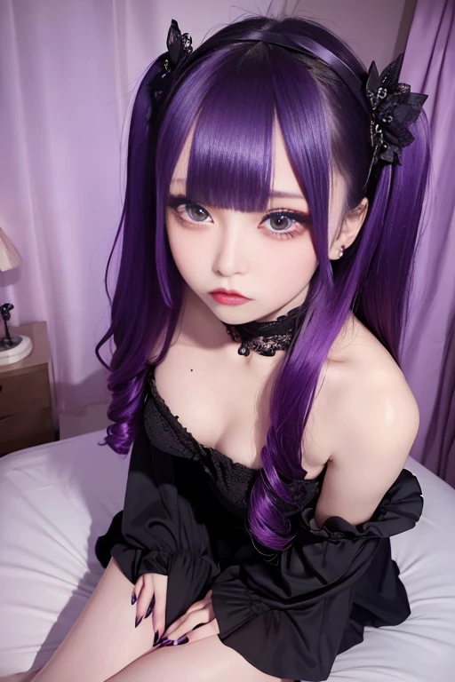 High Definition High Quality,full body portrait, Cute Gothloli Girl,Big eyes,Glossy lips,,, purple long hair