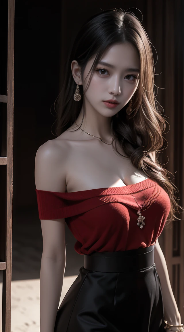 Ultra detail, high resolution, Ultra detailed, Best quality, Amazing, Top quality,Unified 8K wallpapers, Cinematic lighting, (fully body photo)，Pure female star, long black hair, black eyes,fair skin, button nose, red lips, large breasts, large cleavage,toned abs, long legs, bubble butt, white cape dress，thin gold necklace, ruby studded earrings,wearing black high heels, standing, fashion runway, well lit