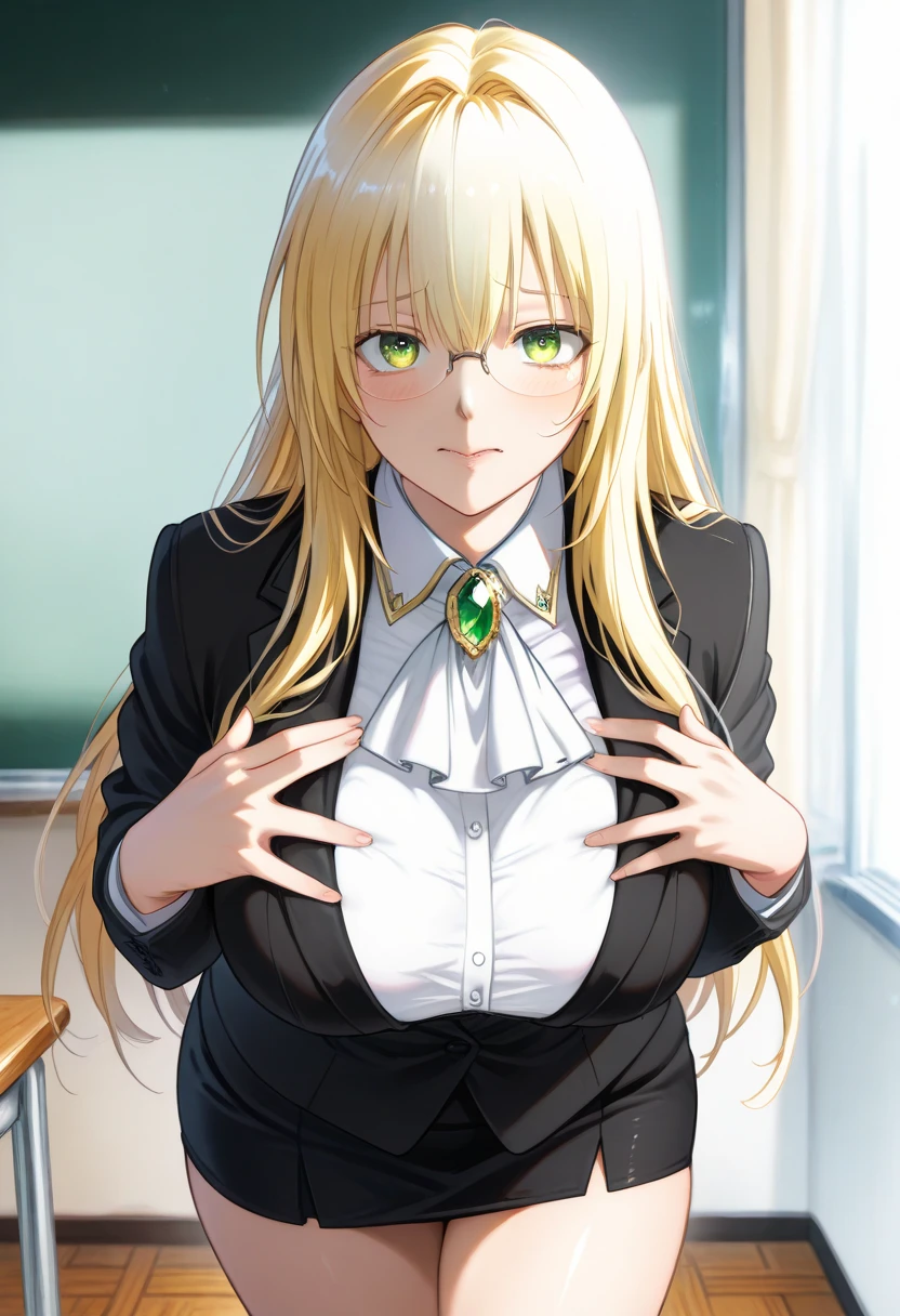 tearjulunatique, tearju lunatique, long hair, blonde hair, (green eyes:1.5), sidelocks, glasses, collared shirt, white shirt, long sleeves, ascot, white ascot, gemstone, green gemstone, skirt, pencil skirt, classroom, (beautiful detailed eyes:1.6), extremely detailed face, perfect lighting, extremely detailed CG, (perfect hands, perfect anatomy), (Old man grabs her breasts:1.5), Very embarrassed, Troubled laughter, 3 old man, (masterpiece:1.2, blush, My chest is grabbed from behind, (cowboy shot:1.5), (illustration:0.8)