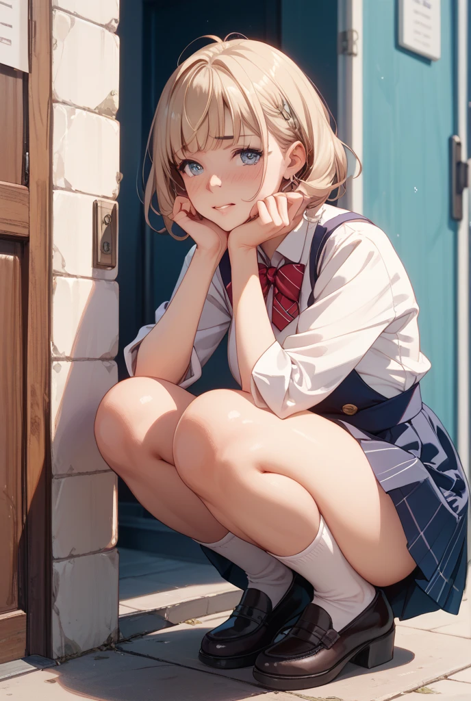 masterpiece:1.2, highres,8k, ultra-detailed:1.2, photorealistic:1.37, cute girl, full-body visible, a cute girl kneeling on the stairs and look down at ground(perspective depiction), beautiful delicate (hair, face, eyes, lips), delicate pupils, sparkling eyes, bright rosy lips, cute  face,head tilt,((view from below)):1.4