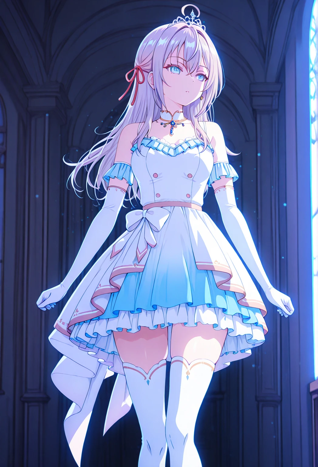 ((2D beautiful girl、top-quality：1.3、Perfect fingers:1.2、perfect anatomia:1.2、Dress perfectly、face perfect：1.1、Beautiful illustration))、(transform sequence)、((cute decorative headbands、White and pink idol costume leotard)、10yaers old、Solio、hime、Fractal Art、baby-face、((stright long hair))、(Slender and beautiful legs)、big drooping eyes、（full body photographed：1.1、Long Shot Photography）、((1 persons))、suns、outdoor stage under blue sky、Happy smiling face、highleg
