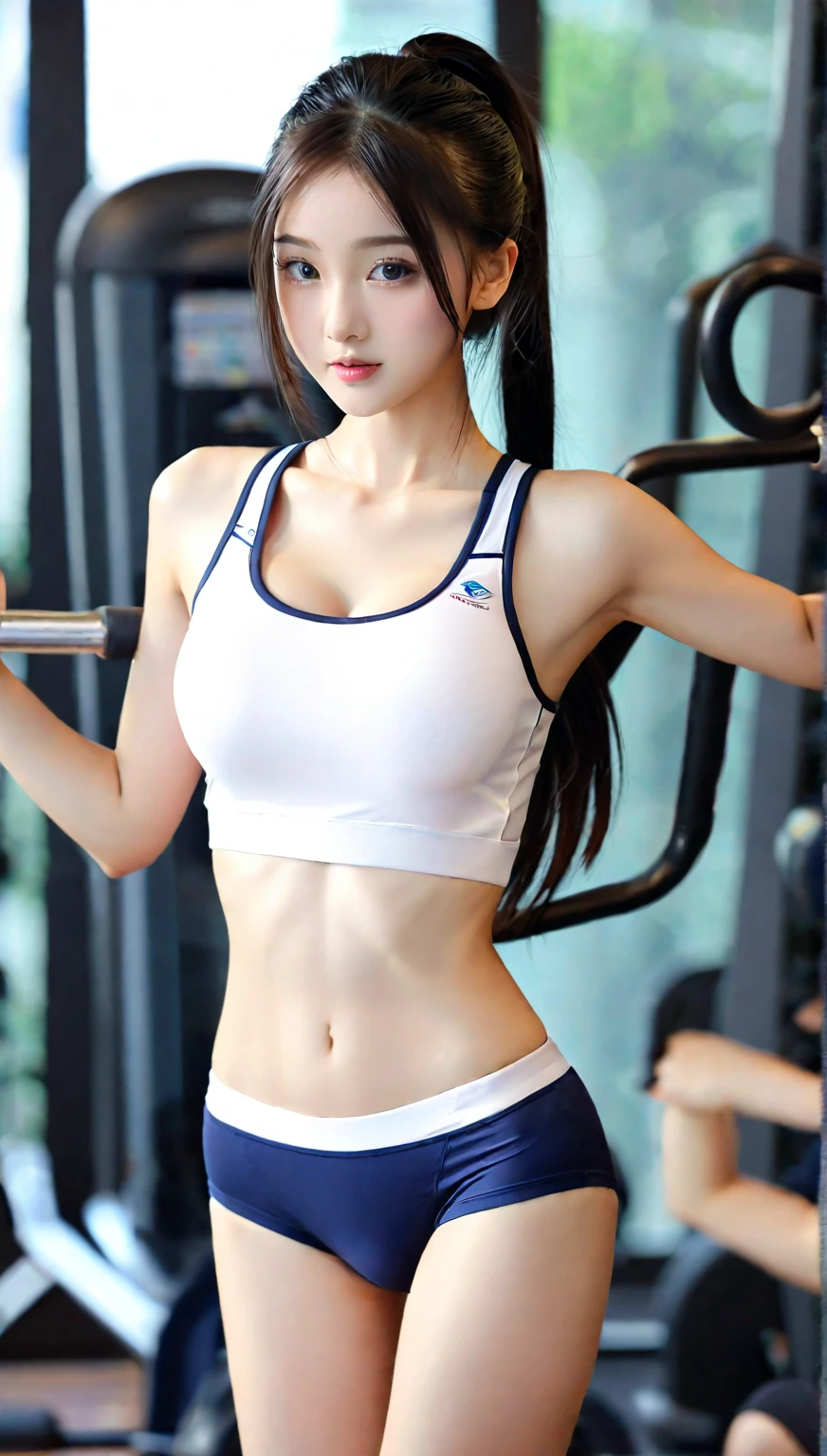 (((The color is dark navy blue only panties)))、((white t-shirts))、((1人))、(((short-hair)))、((Pose cutely))、((Indoor Gymnasium Court))、((18 year old beautiful girl))、A slight smil、((Outstanding style))、A sexy、Photorealsitic、Beautiful detailed eyes、Hyper-Realism、highcontrast、Ultra HD、realistic skin textures、Top image quality、top-quality、超A high resolution、Fine details、Very meticulously