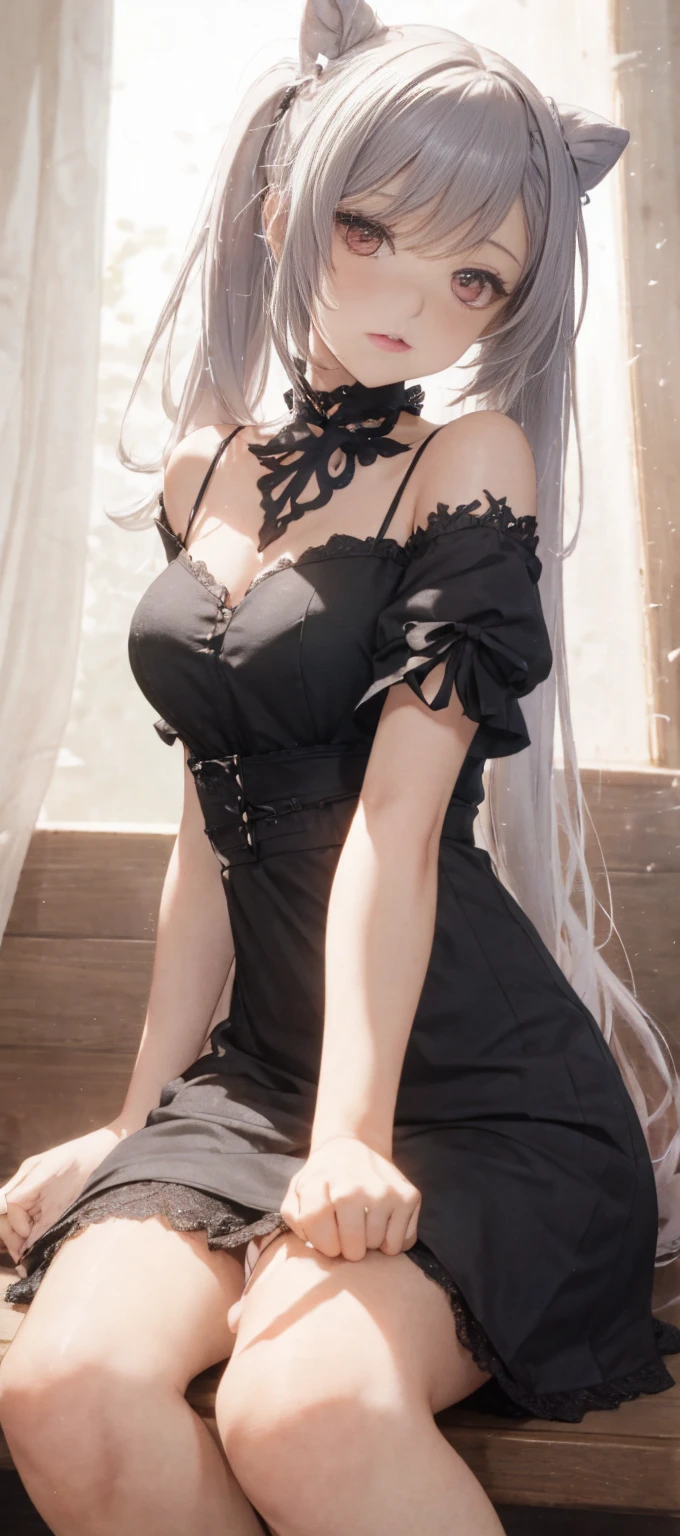(1girl:1.3), (photorealistic:1.4), (masterpiece, top quality, best quality, official art), extreme detailed, highest detailed, (ultra-detailed), ((an extremely delicate and beautiful)), cinematic light, contemporary, 1girl, solo, long hair, pantyhose, red hair, bangs, high heels, white pantyhose, looking at viewer, bare shoulders, thighband pantyhose, black footwear, forehead mark, parted bangs, dress, ass, floating, very long hair, side locks, breasts, full body, panties under pantyhose, facial mark, thighs, pointy ears, sitting, hair ornament